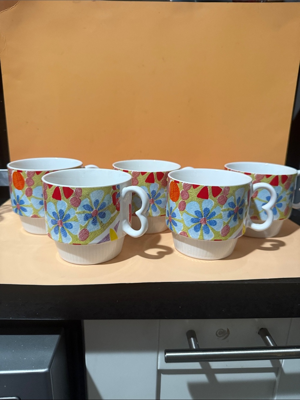 Set of 5 Colorful Floral Ceramic Stackable Mugs - Multicolor